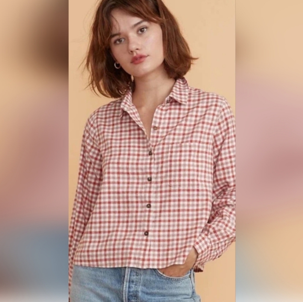 Marine Layer Madeline Button-Up Women's Medium Plaid Red Oversized Cropped